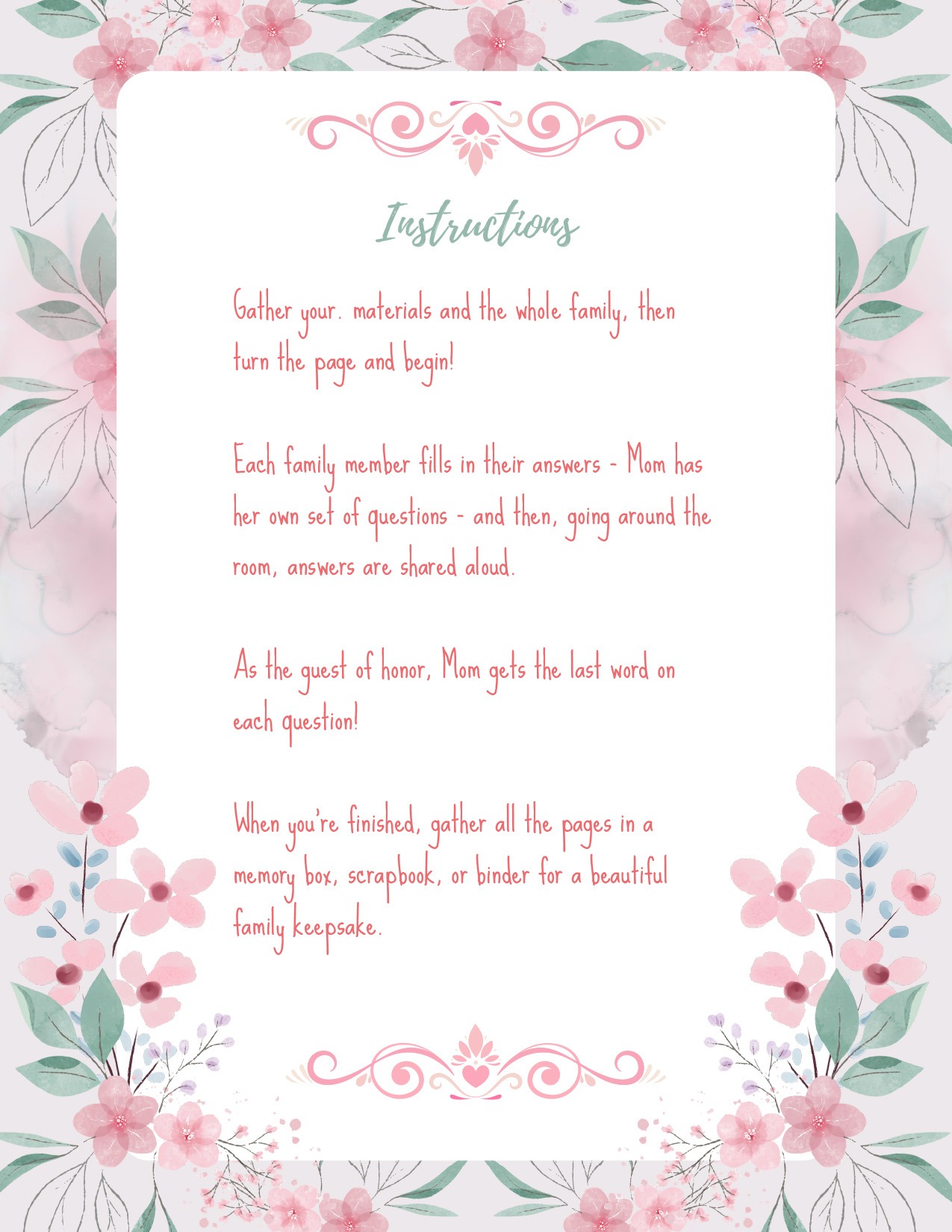 Mom's Memory Garden Keepsake Activity Book, Family Edition, Introduction