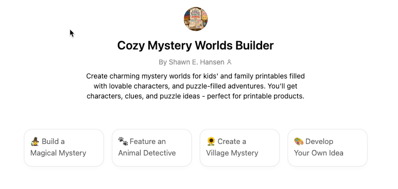 Cozy Mystery Worlds Builder by Shawn Hansen - Sample GPT Image 01